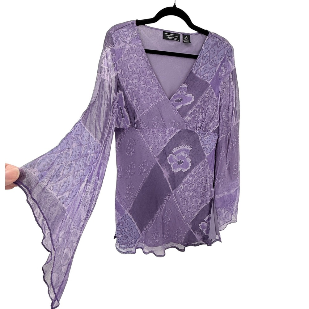 vtg y2k 90s Silk babydoll top Womens M Fairycore Whimsigoth Purple bell sleeve